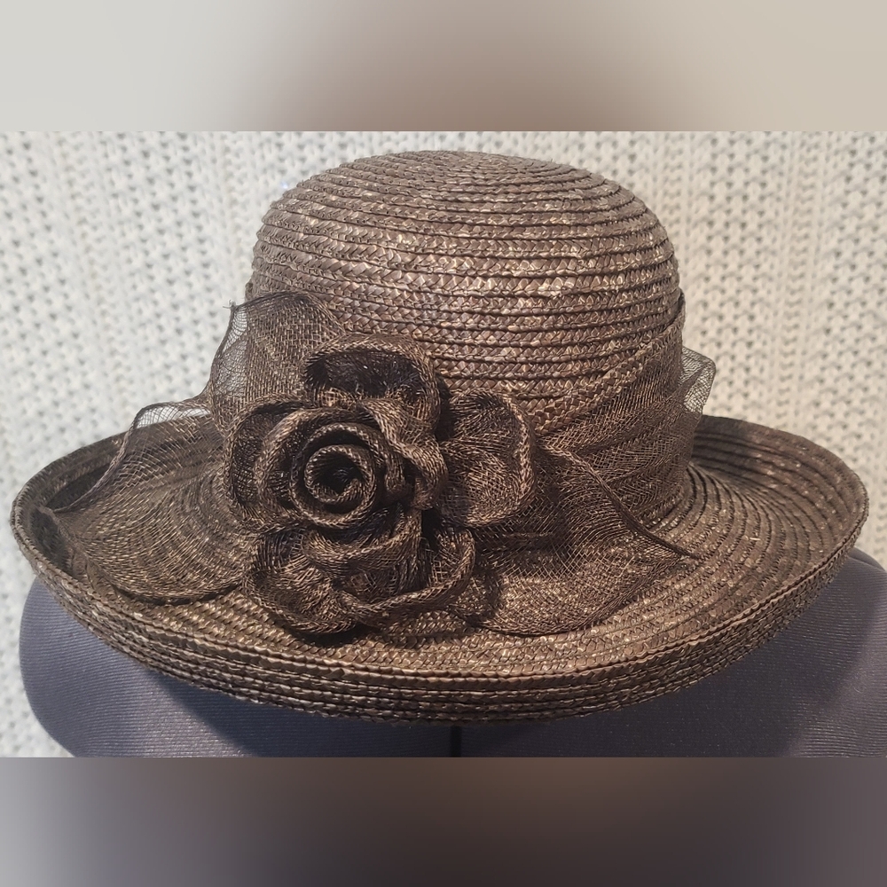 Vintage Setmar New York Ladies Brown Straw Dress Church Hat w/Flower Accent